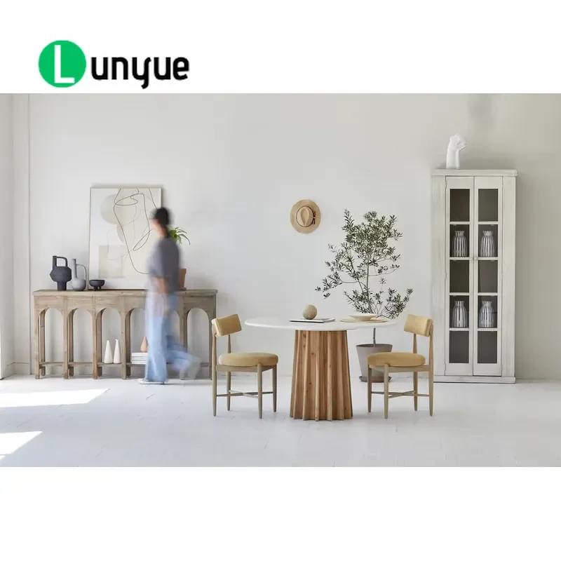 Nordic Round Dining Table with Concrete Top Wooden Base Modern Center Accent Table for Dining Room Living Room Home Furniture