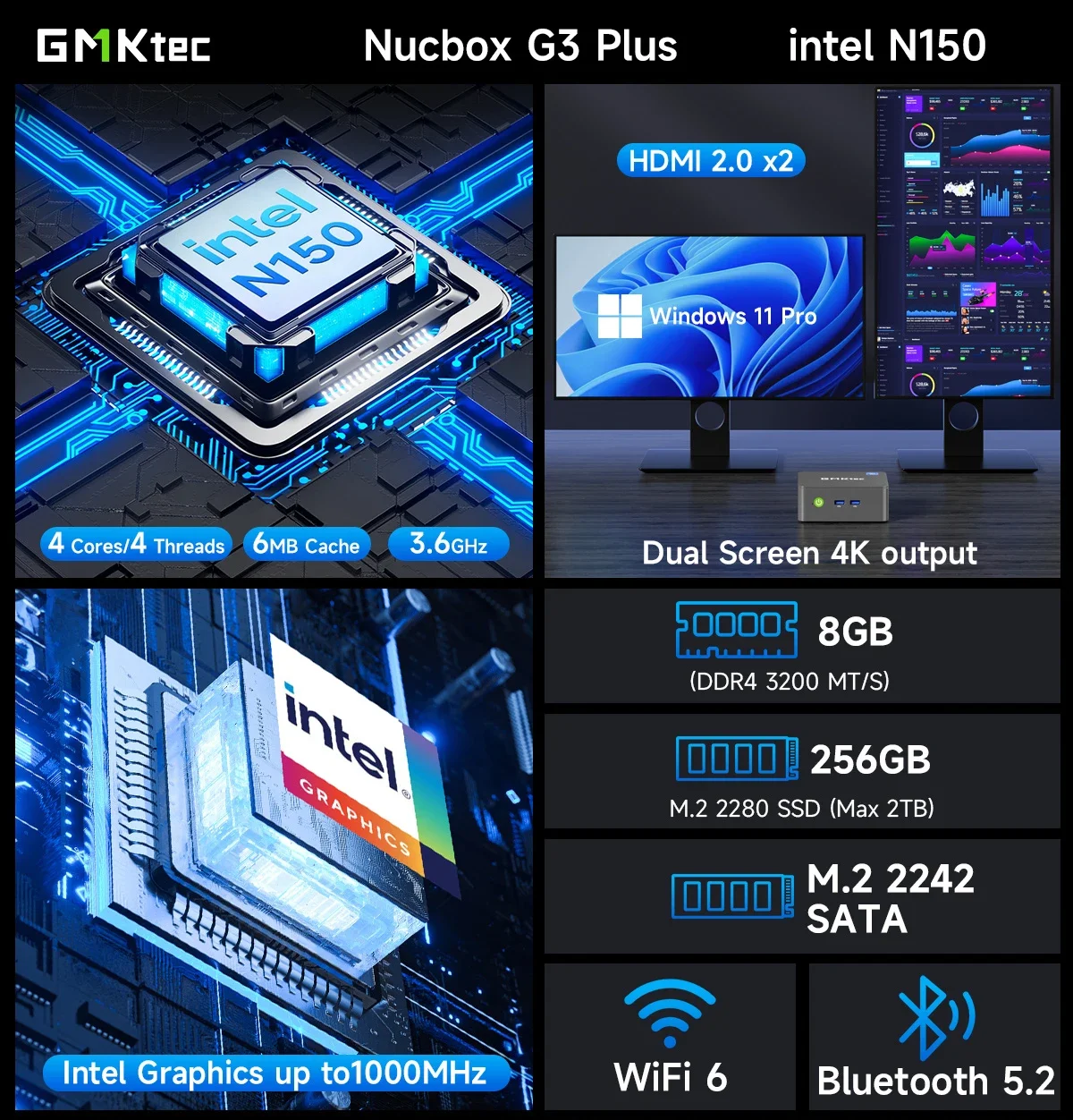 GMKtec G3 PLUS Intel Twin Lake N150 كمبيوتر صغير Windows 11 Pro DDR4 RAM NVMe SSD WIFI6 BT5.2 سطح المكتب مكتب كمبيوتر صغير ألعاب الكمبيوتر