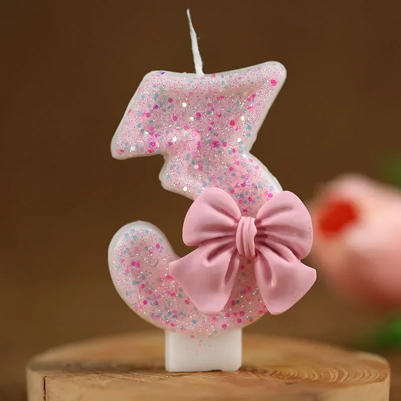 Cute Pink Bow 3D Number Cake Candles for Birthday Party Decorations Birthday Decoration  Cake Decorating Tools