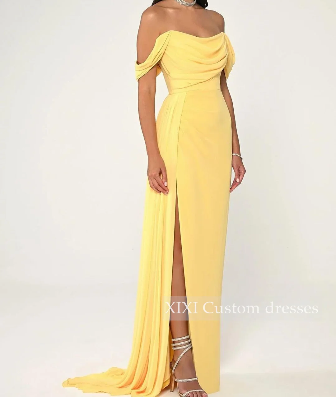 فستان سهرة XIXI A-Lin بفتحة عالية على الكتف بخط العنق بطول أرضي كشكش بسحاب فساتين لحفلة موسيقية Vestidos De Festa #3