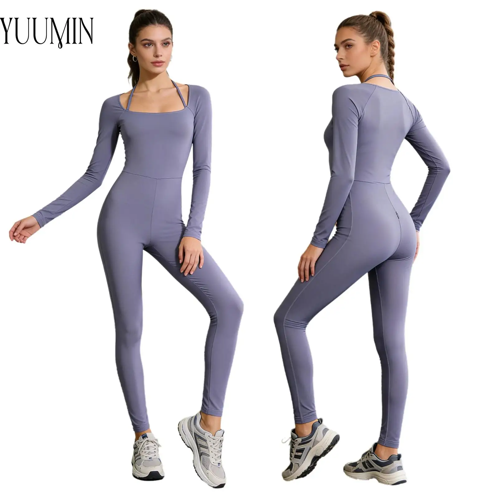 Womens Gym Workout Clothes Square Neck Adjustable Halter Strap Jumpsuit Long Sleeve Crotch Bodysuit for Yoga Pilates Sports