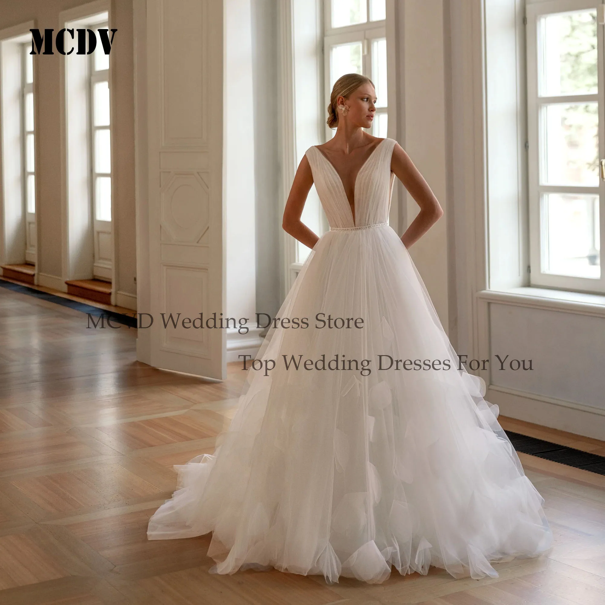 

MCDV Backless Wedding Dress Women Flowers A Line Backless Luxury Bride Gowns V-Neck Corset Tulle Customized vestidos de novia