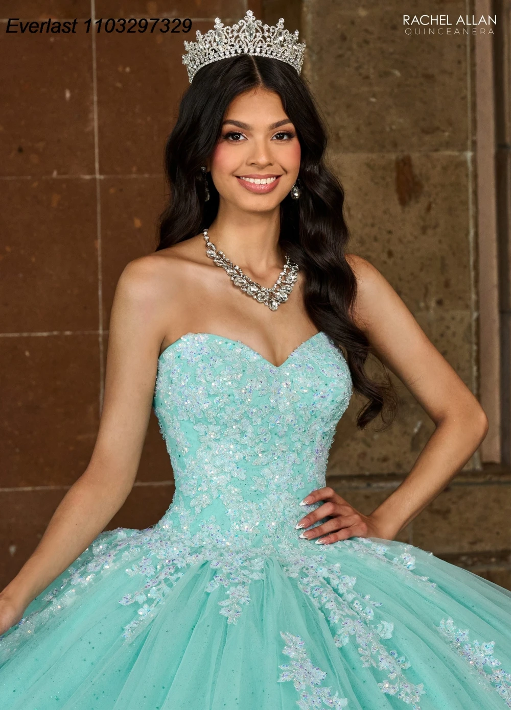 EVLAST Mint Quinceanera Dress Ball Gown Lace Applique Beading Crystal Puffy Sleeve Tiered Sweet 16 Vestido De 15 Anos TQD442