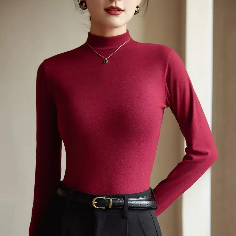 2026 New Autumn Winter Thermal Brushed Fleece Long Sleeve T shirt Blouses Female Warm Half Turtleneck Shirt Women Undershirt Top