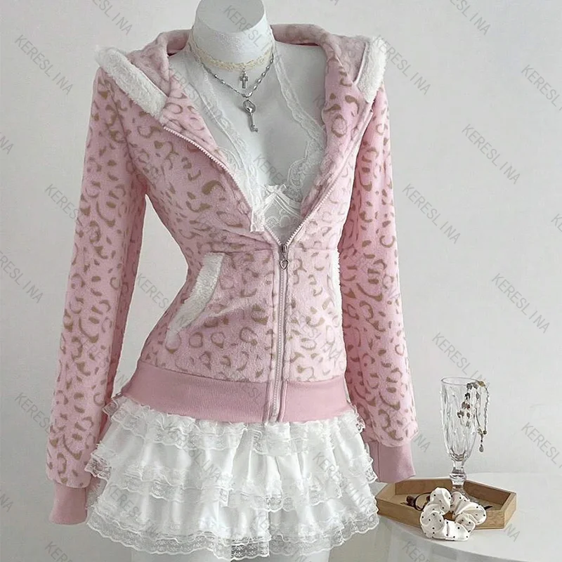 

Милая плюшевая толстовка на молнии с леопардовым принтом, осенне-зимняя уличная модная американская уличная модная удобная универсальная толстовка с капюшоном