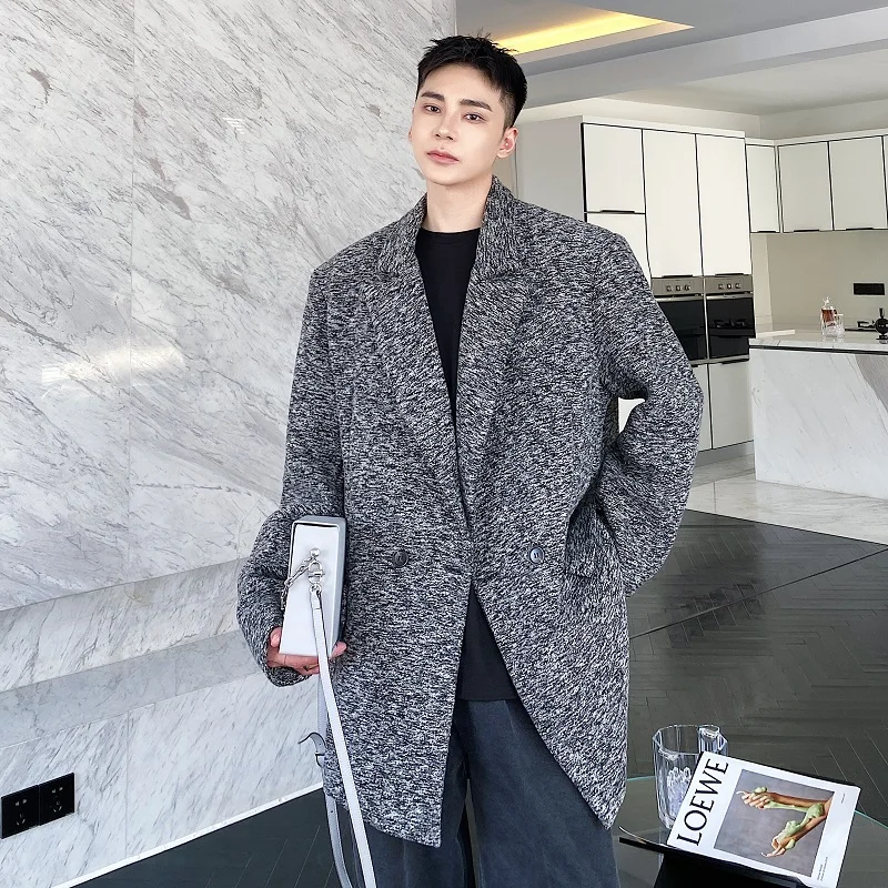 

Autumn Winter Thickened Grey Woolen Suit Jacket for Young Men Casual Stylish Two Button Fashionable Urban Style Long Sleeve