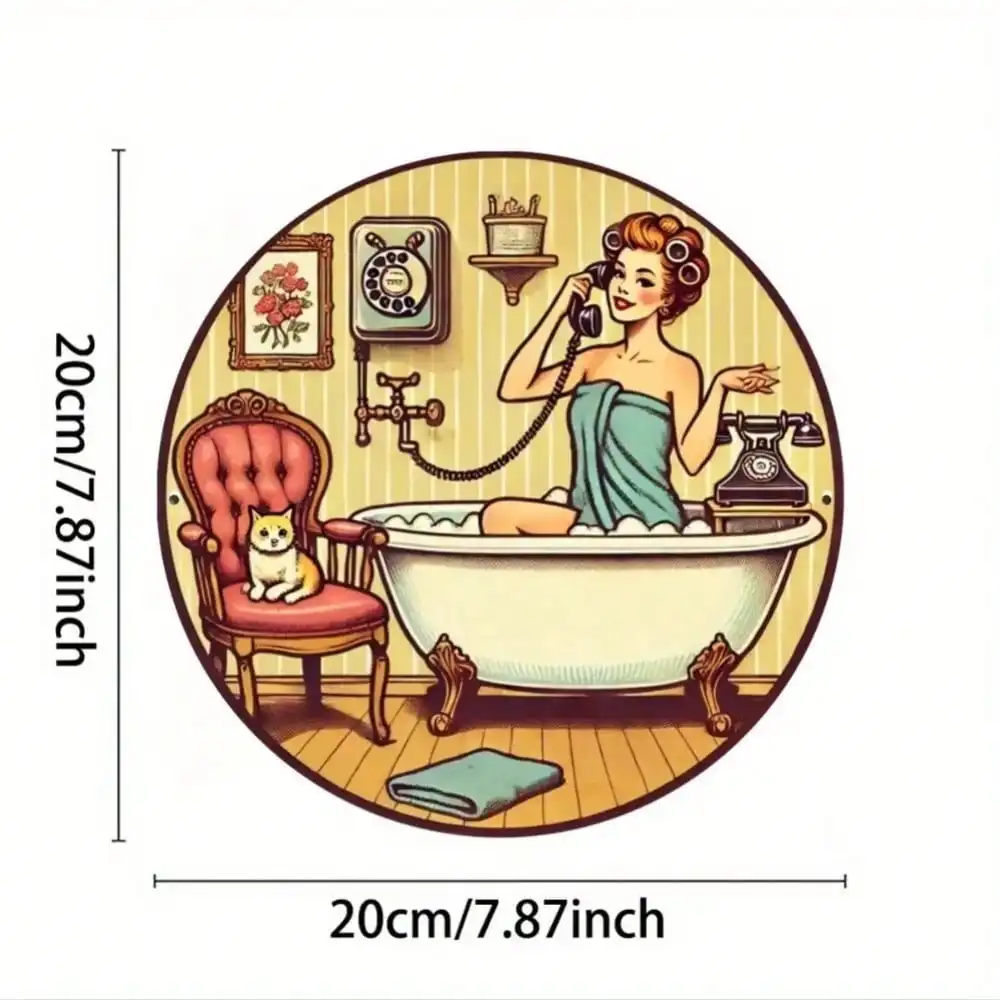 2D Flat High Definition Metal Wall Art Vintage Bathroom Pin-Up Girl in Bathtub with Cat and Rotary Phone Metal Sign American Ret