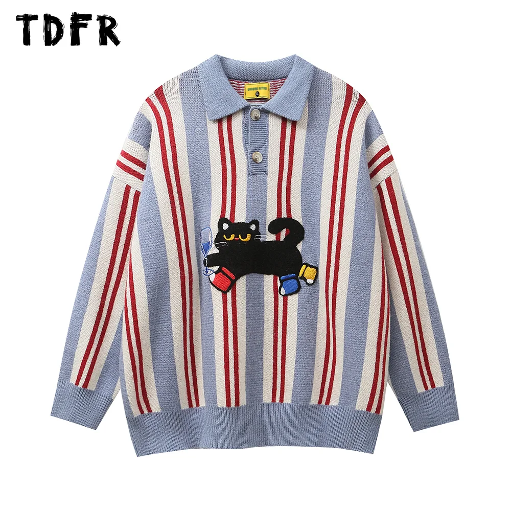 Contrast Striped Sweater Mens Cat Embroidery Autumn Winter Retro Streetwear Long Sleeve Lapel Loose Knitted Pullover Men