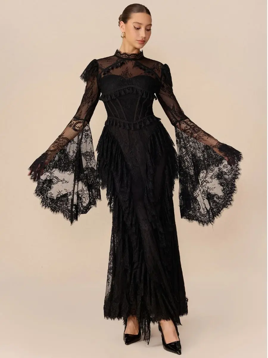 EGS Tassel Spliced Lace Slimming Dress for Women High Collar Flare Sleeve Patchwork Button Ruffled Maxi Dresses Female