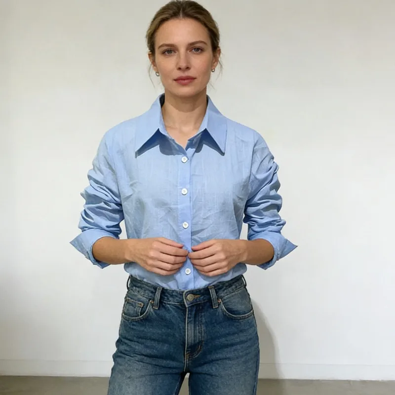 

Новая шикарная простая синяя женская блузка с одной пуговицей, элегантная, с длинными рукавами, отложным воротником, для офиса, весна-осень