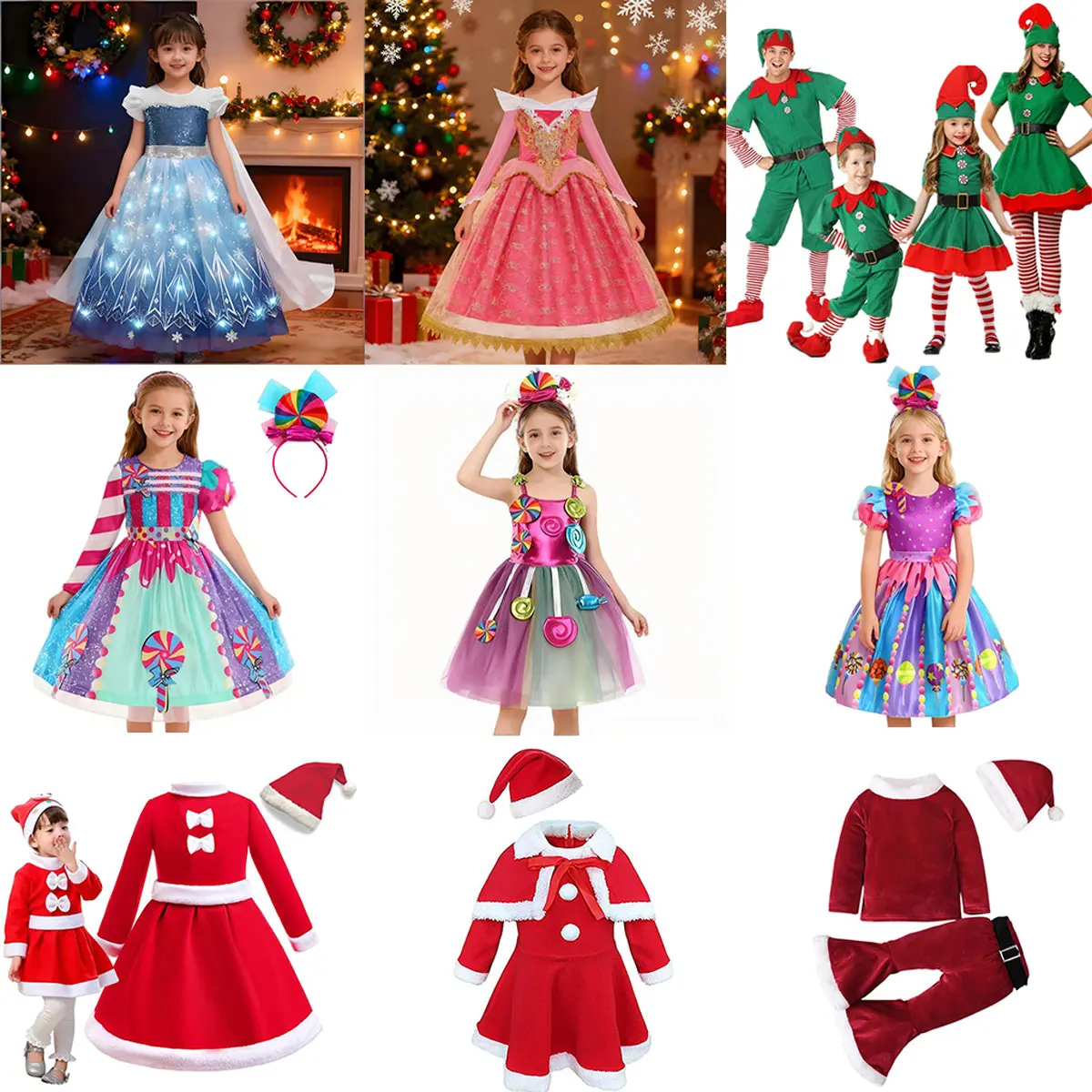 Halloween New Year Christmas and Purim Festival Party Girl Cosplay Santa Claus Elsa Candy Princess Dress Xmas Party Wear Set