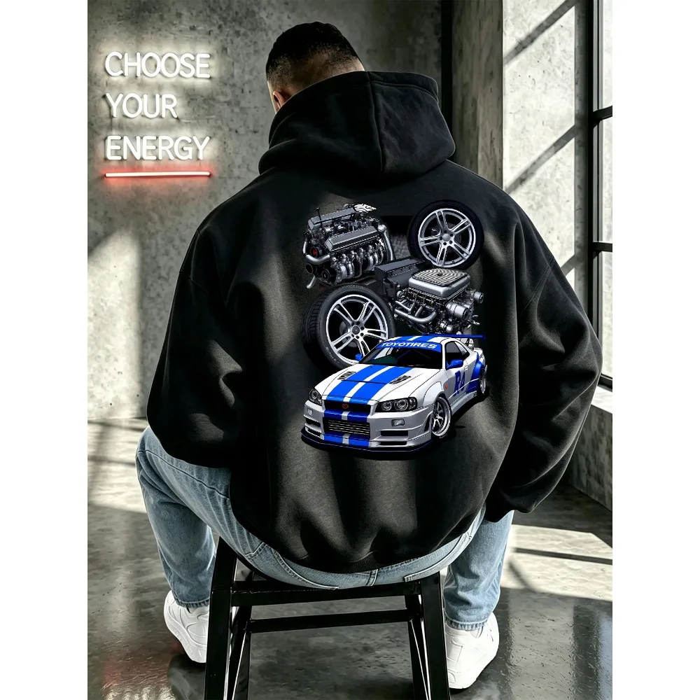 Trending Aesthetic Modified Racing Car Engine Rim Graphic Hoodie Back Print Pullover Hoodie Unisex Loose Hoody