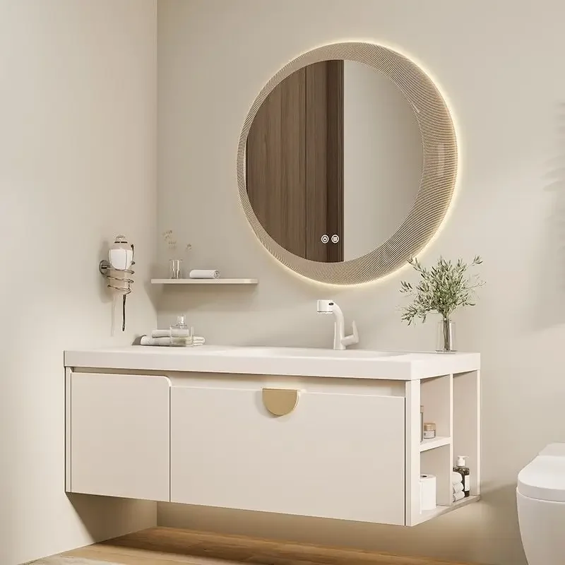 Solid Wood Simple Bathroom Cabinets Integrated Vanity Sink Makeup Mirror Nordic Bathroom Cabinet Washbasin Bathroom Furniture