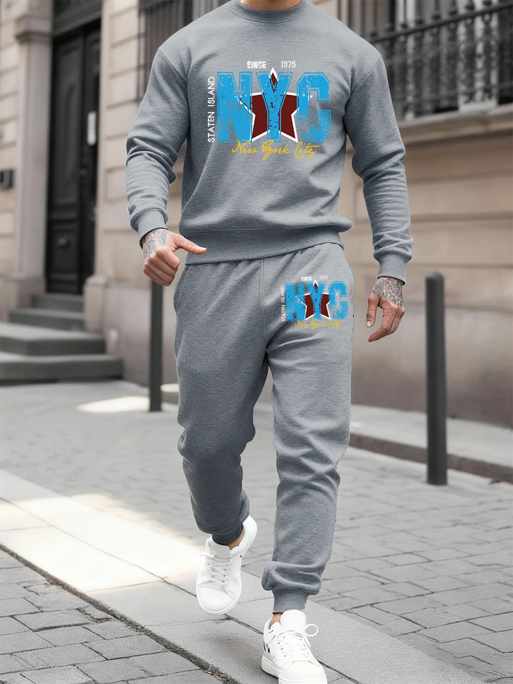 

2 Pcs Hoodie Set Mens New York City Staten Island Prints Sweatpants Casual Crewneck Loose Jogging Outfits Winter Fleece Clothes