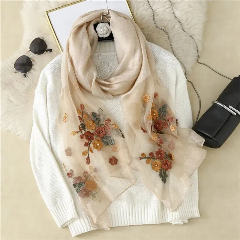 Fashion Organza Silk Scarf With Embroidered Shawl Women Pearl Hijab Elegant Long Scarves Summer Solid Color Headscarf 180*70cm