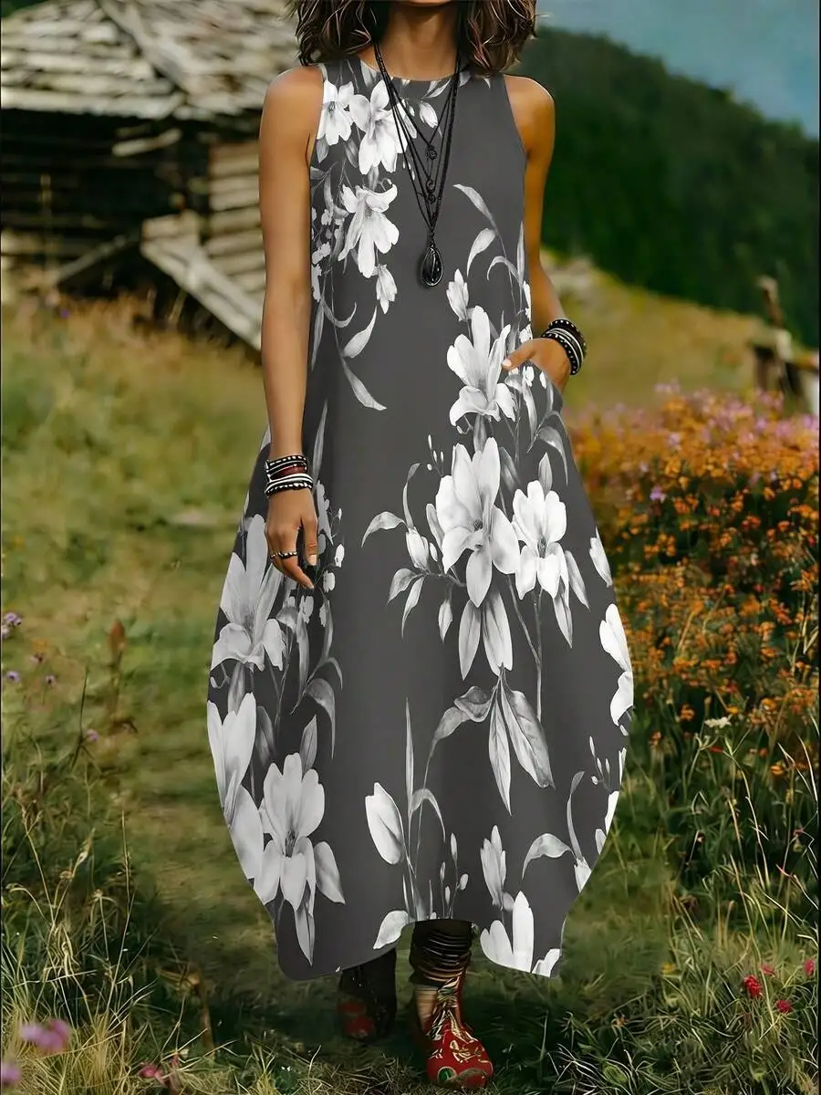 Womens Round Neck Sleeveless Tulip Dress Black And White Floral Print Casual Maxi Dress