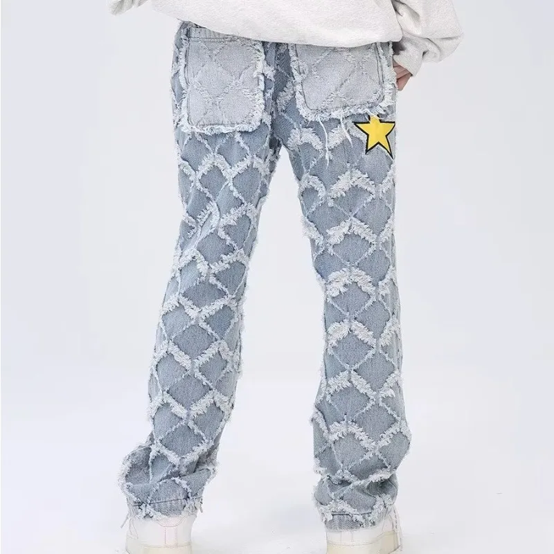 Y2K Star Embroidery Plaid Stacked Jeans Pants for Men Straight Women Hip Hop Denim Trousers Pantalon Homme Street Raw Edge Pant