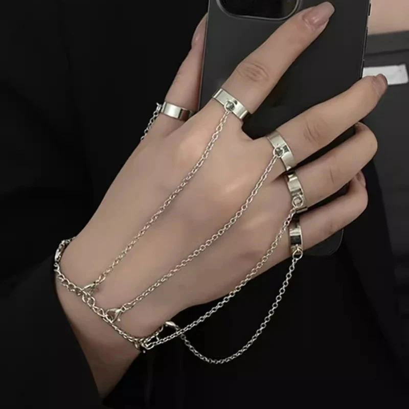 Punk Geometric Black Color Chain Wrist Bracelet Ring For Women Men Open Ring Silver Link Chain Girls Cool Design Fashion Jewelry
