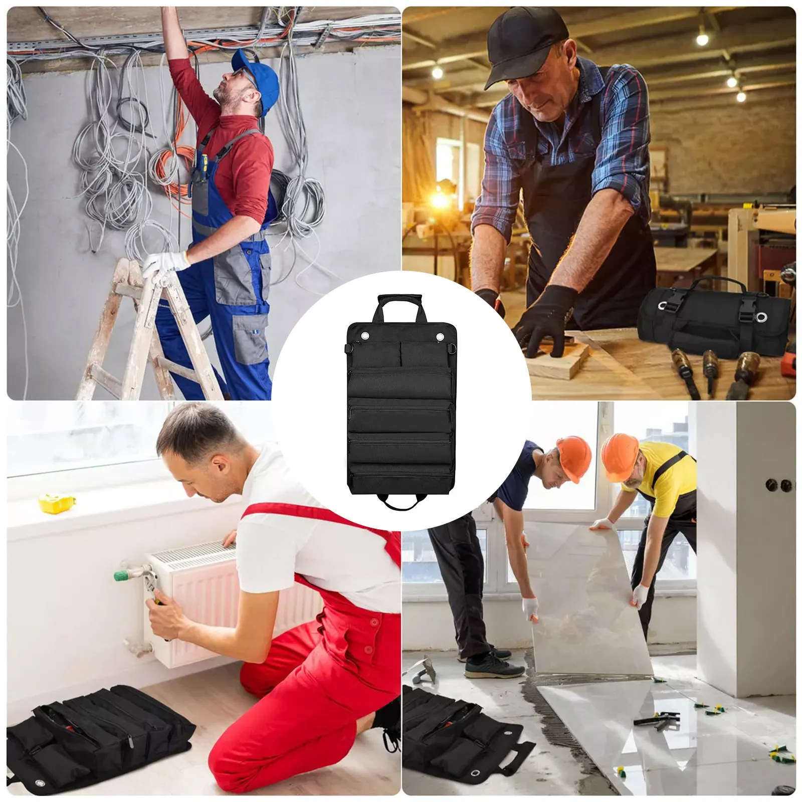 Roll Up Tool Bag Heavy Duty Fabric Organizer with Sturdy Handle and Hanging Eyelets for Automotive Tools