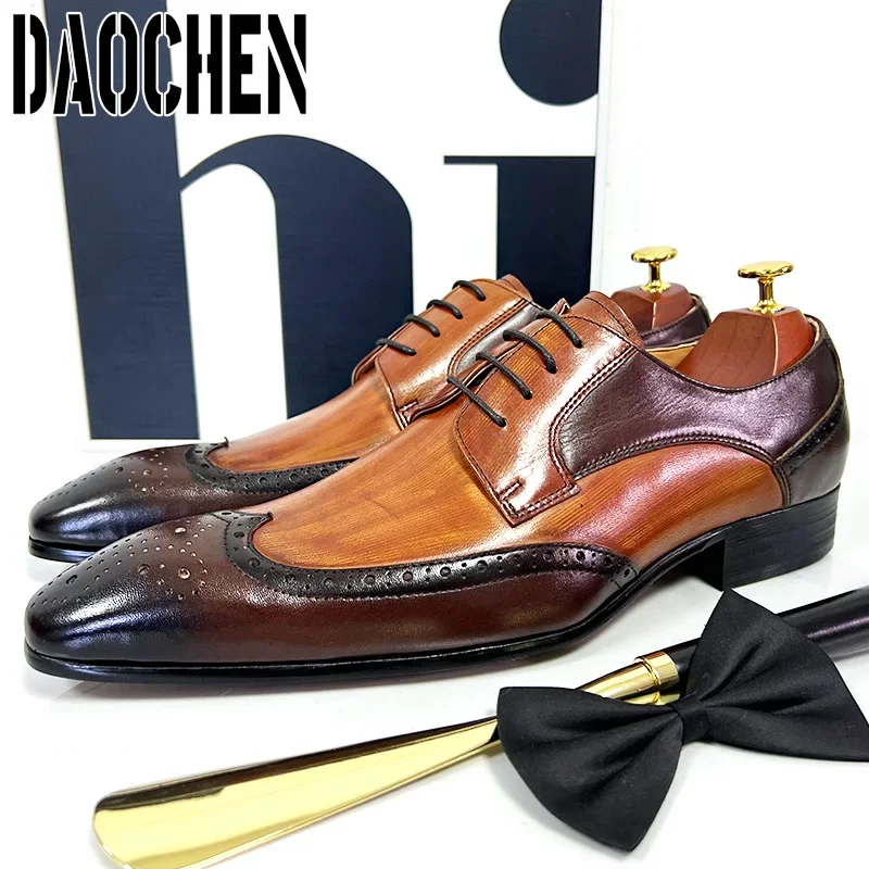 Luxury Brand Men Leather Shoes Lace Up Pointed Toe Mixed Colors Brogues Oxford Mens Dress Shoes Wedding Office Shoes Men