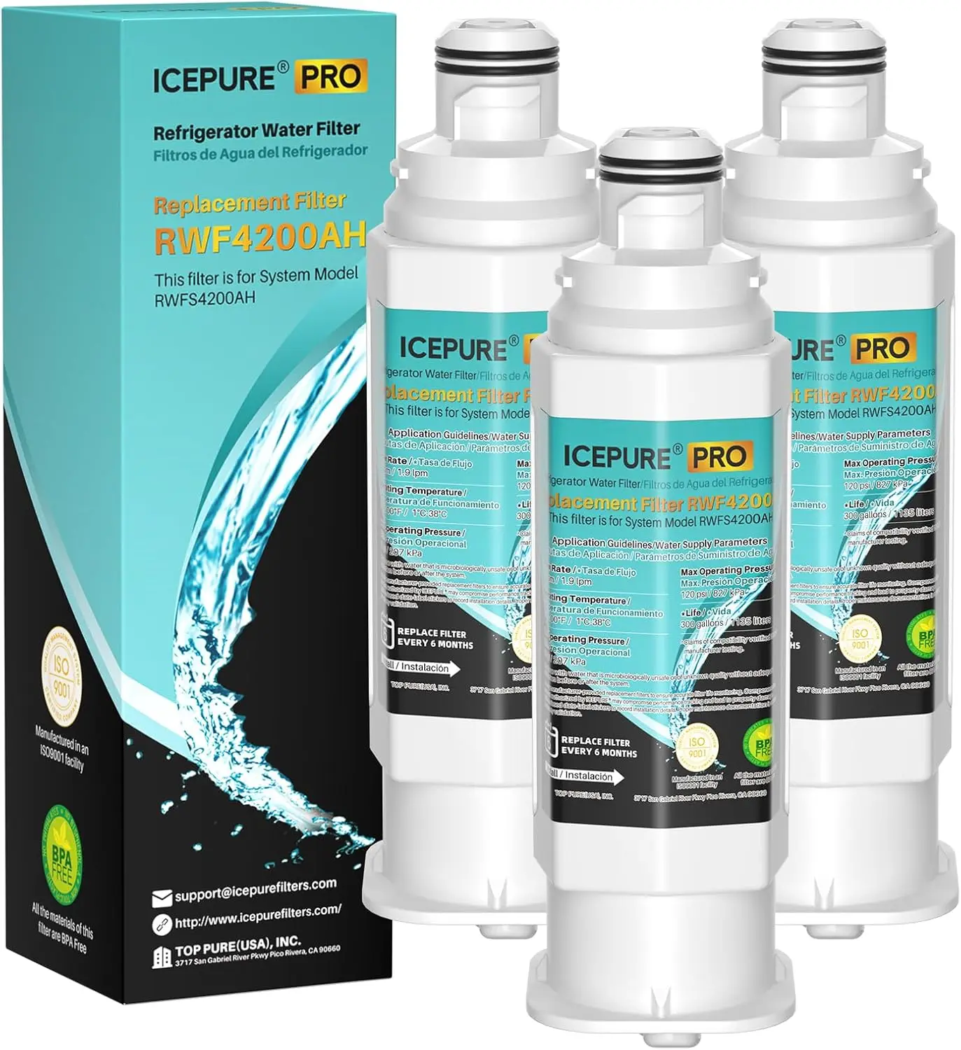 3 Pack Refrigerator Water Filter Replacement Cartridge, Compatible with Various Refrigerator Models