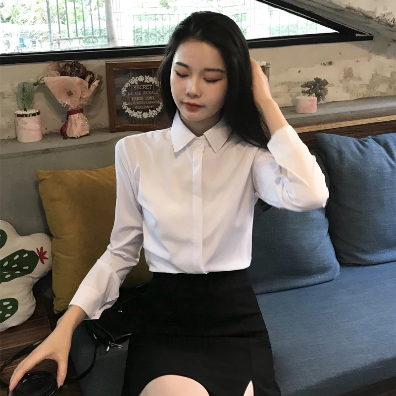 Basic Button Up Shirt for Women,Long Sleeve Blouse for Office Lady,Korean Fashion, Work Wear,Plus Size Chiffon Tops,White Spring