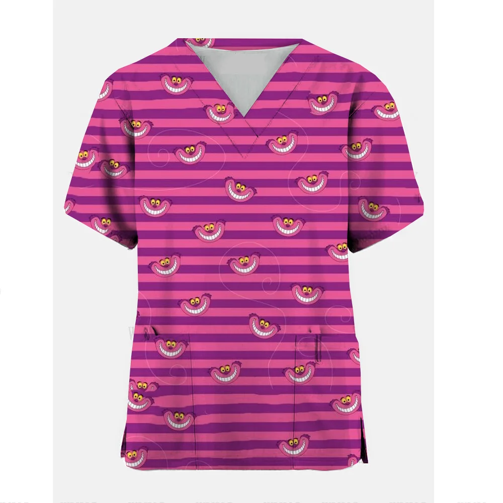 Summer Women's Clothing Disney Cheshire Cat Short Sleeved V-Neck Fashion Frosted Tops Uniform Short Sleeve Doctor Nurse New ﻿