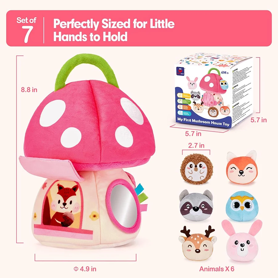Brinquedos para bebês de 6 a 12 meses, brinquedos montessori para meninas de 6 meses, minha primeira casa de cogumelo com chocalho de animais da selva de pelúcia