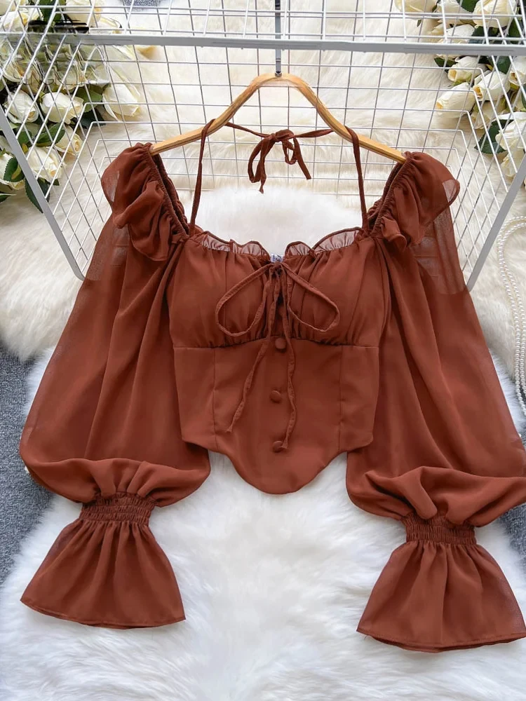 

Женские топы с расклешенными рукавами и рюшами, однотонная эластичная талия, Холтер с открытой спиной, шифоновая тонкая женская сексуальная короткая блузка в стиле Харадзюку ZT225