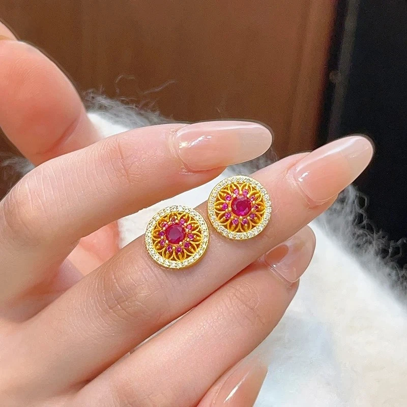 Real 14kt Gold Color Red Zircon Hollowed-out Window Flower Earrings for Women Stud Earring Jewelry Wedding Engagement Gifts