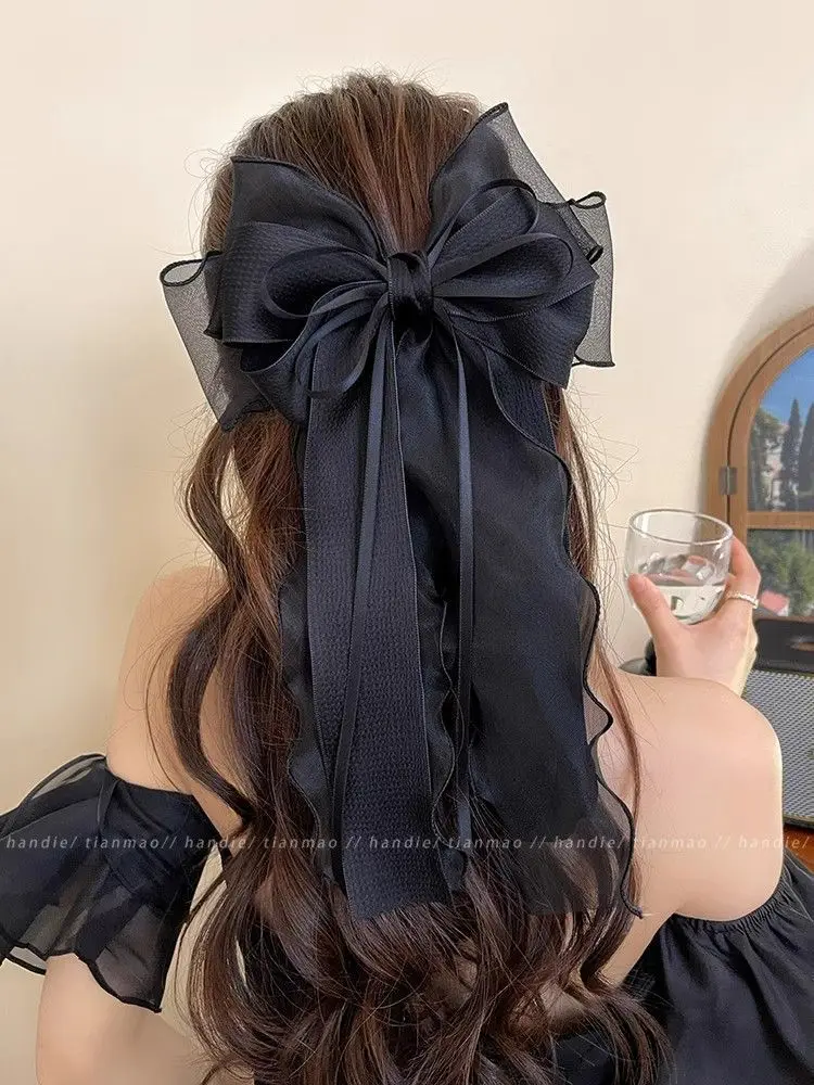 Women Elegant Lace Bow Ribbon Hair Clips Solid Color Satin Bowknot Clips Girls Korean Hairpins Party Headdress Hair Accessories