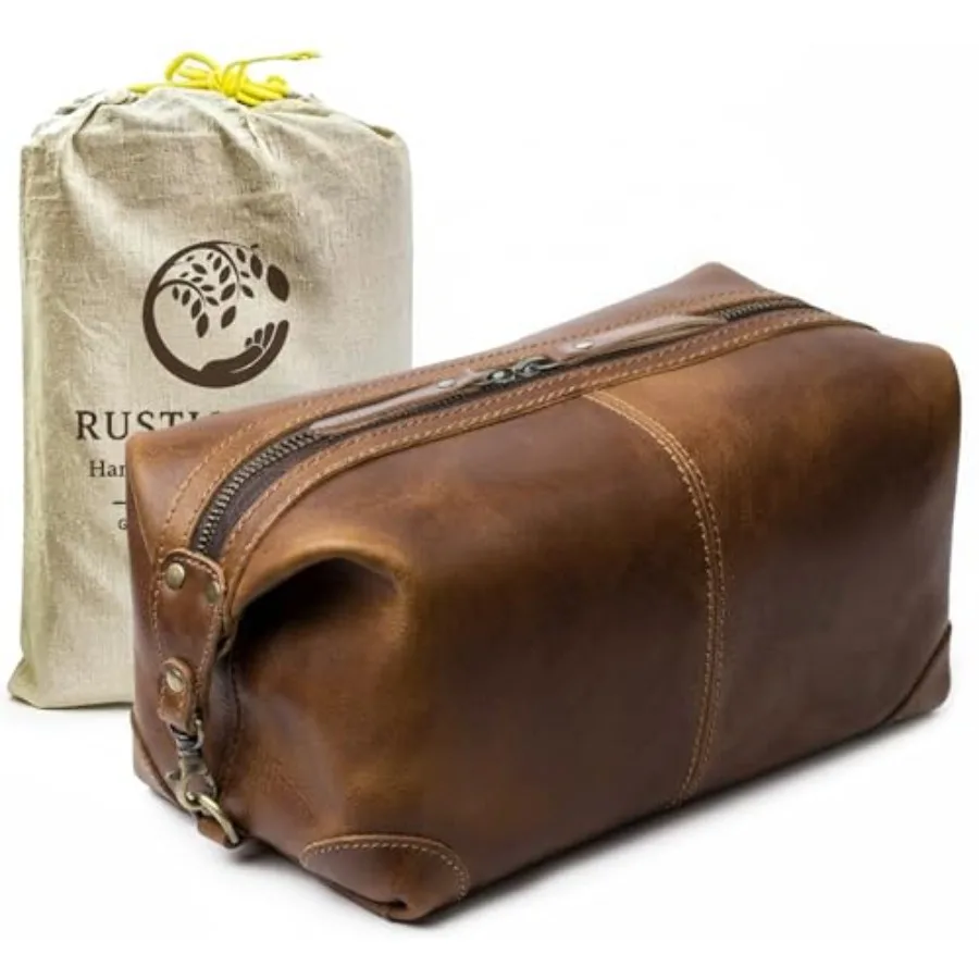 Neceser de Cuero de Grano Completo para Hombre y Mujer, Kit de Viaje Hecho a Mano, Organizador Grande Resistente al Agua para Maquillaje y Afeitado