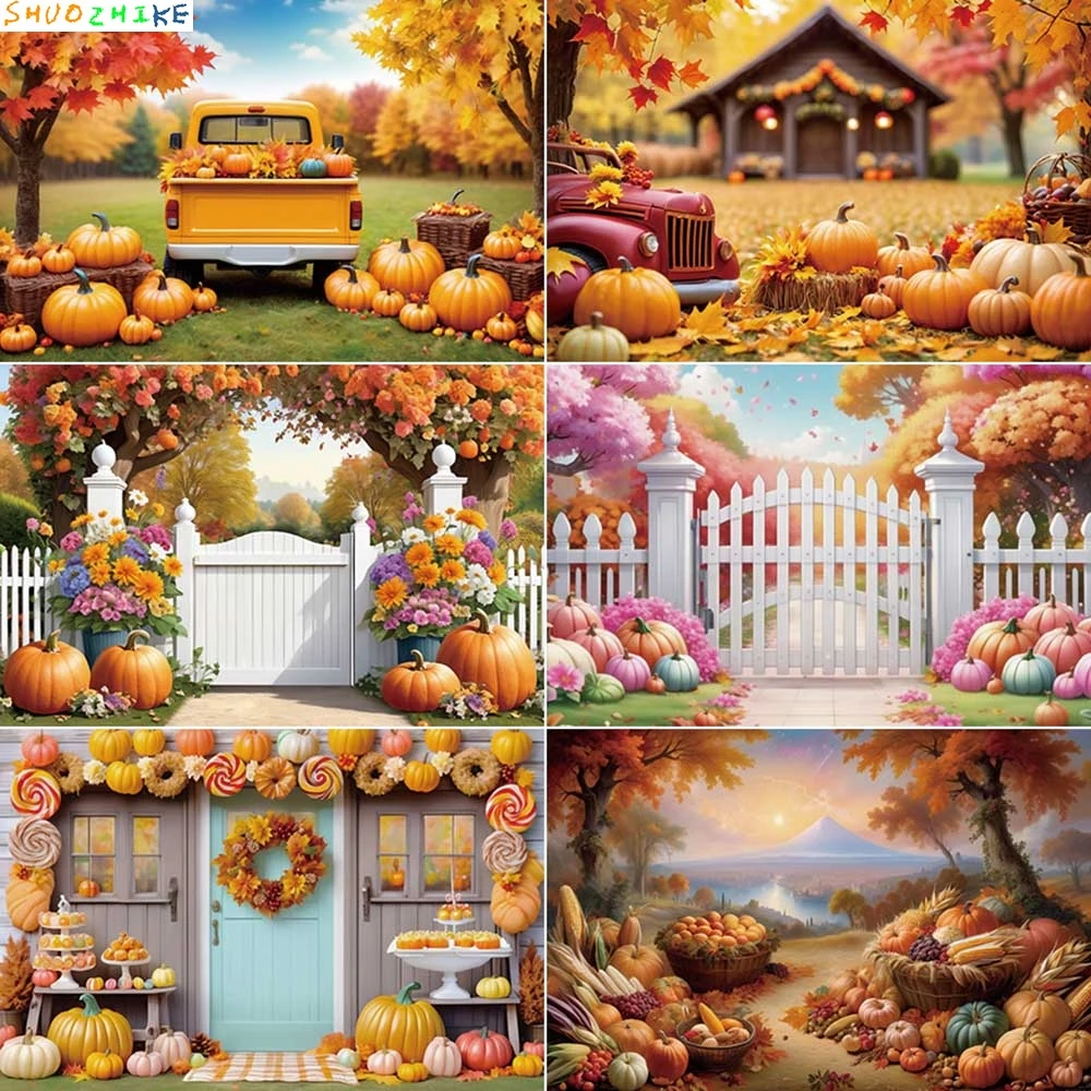

Autumn Harvest Photo Studio Background Thanksgiving Photography Backdrop Fallen Leaves Farm Truck Pumpkin Back Drop