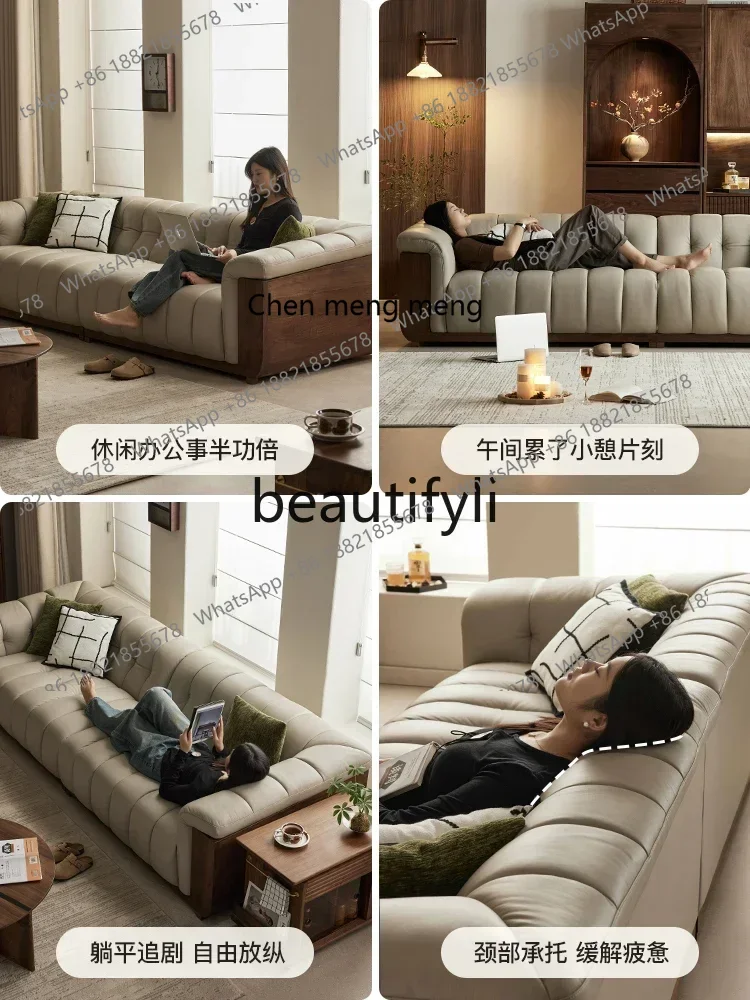 D178   North American black walnut sofa leather straight row, lazy and relaxed retro style sofa