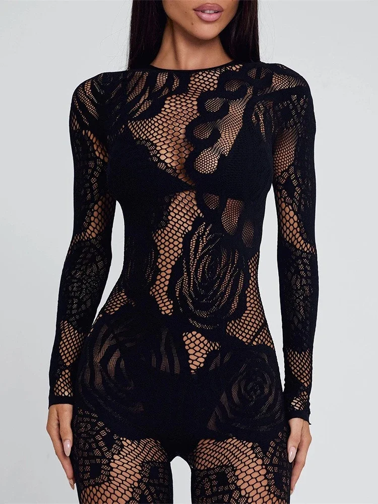 Ropa de mujer, mono transparente de encaje para discoteca, mono Sexy de manga larga con cuello redondo, monos de una pieza calados, medias negras, rosas y rojas