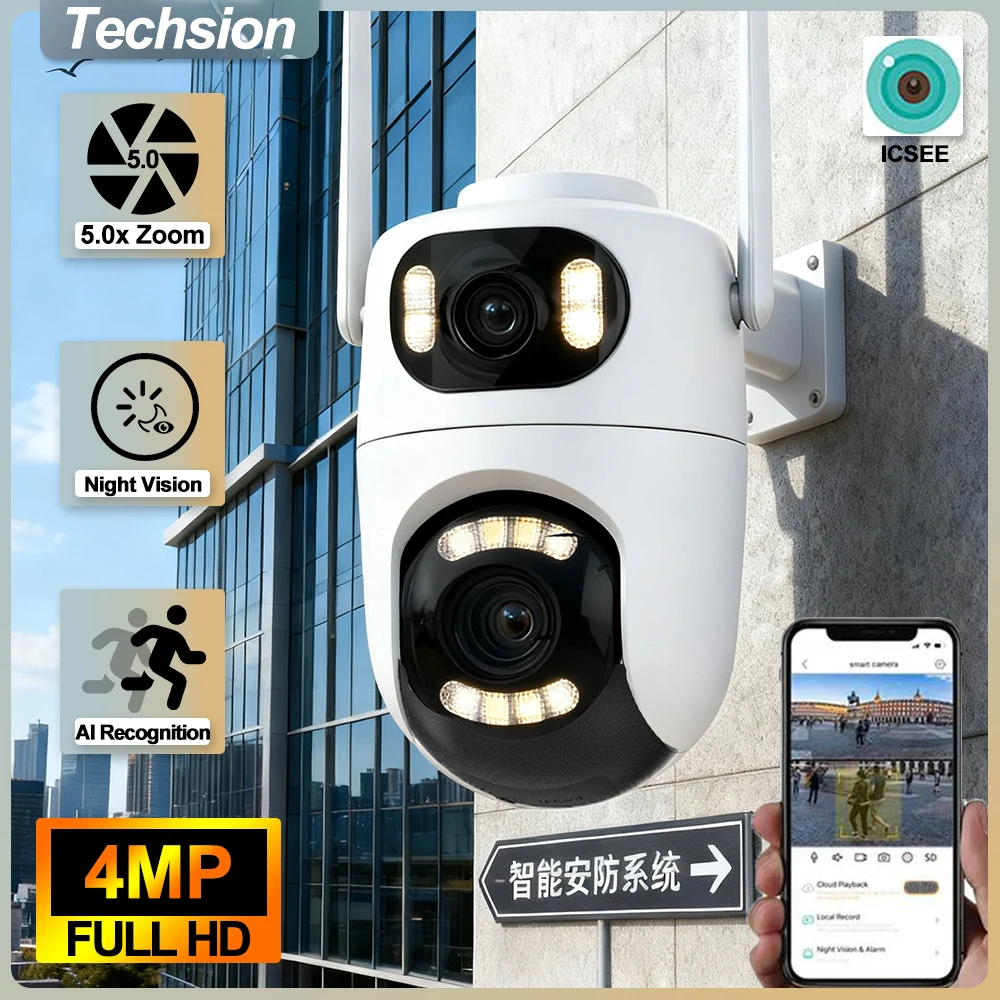 4MP HD Outdoor WiFi PTZ Surveillance Camera Dual Lens Dual Screen AI Auto Tracking 5x Zoom P2P Connection Works with ICSee APP