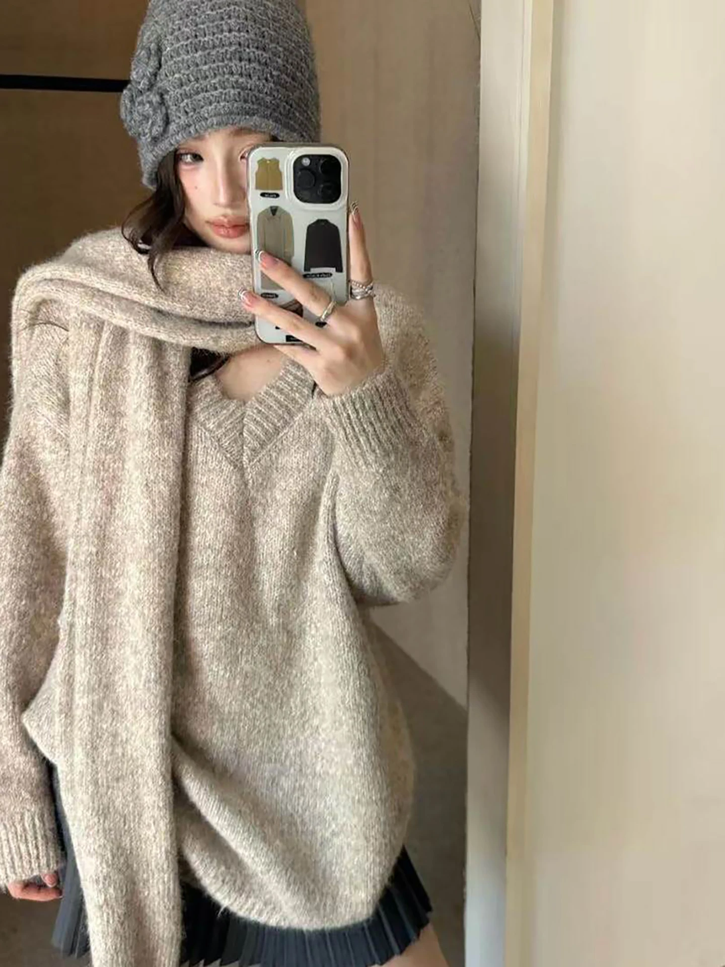 Pull tricoté en mélange de laine pour femme, ample, sensation d'assaut, paresseux, écharpe assortie, nouvelle collection automne hiver