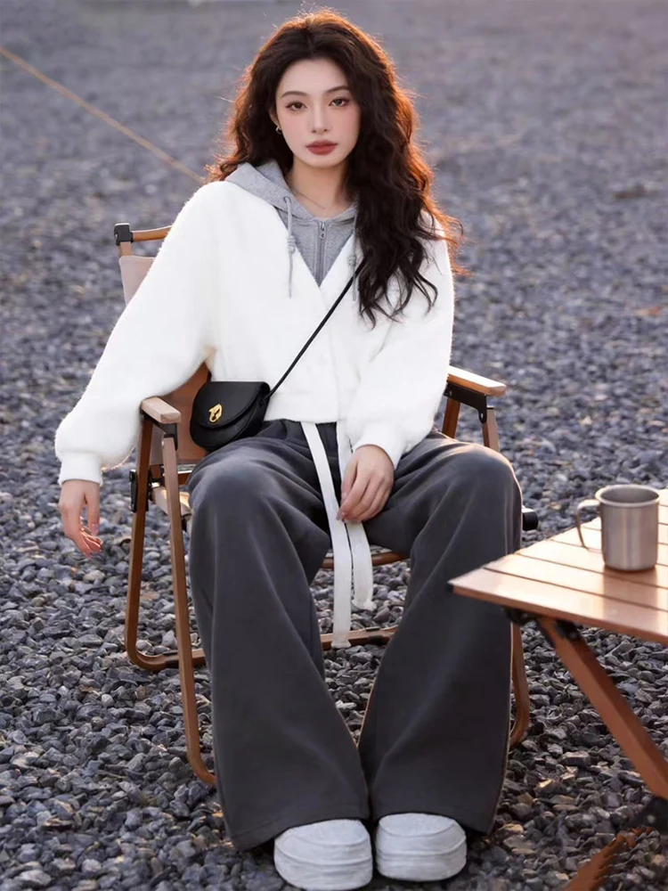 

American Retro Lazy Sle Hoodie Wide Leg Pants Women's Winter Anti-Aging Faion Street Loose Matching Set High Waist Long S...