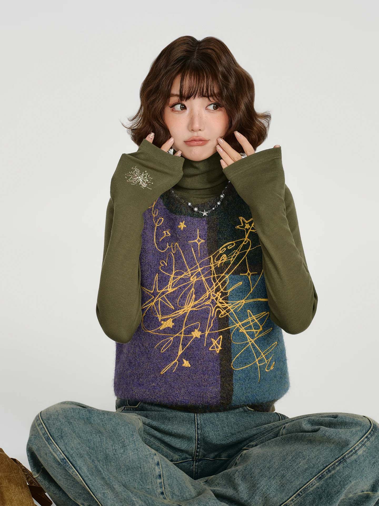 ガーリーアメリカンレトロハイカラーロングスリーブTシャツレディース秋新作刺繍入りスリムベースレイヤートップ