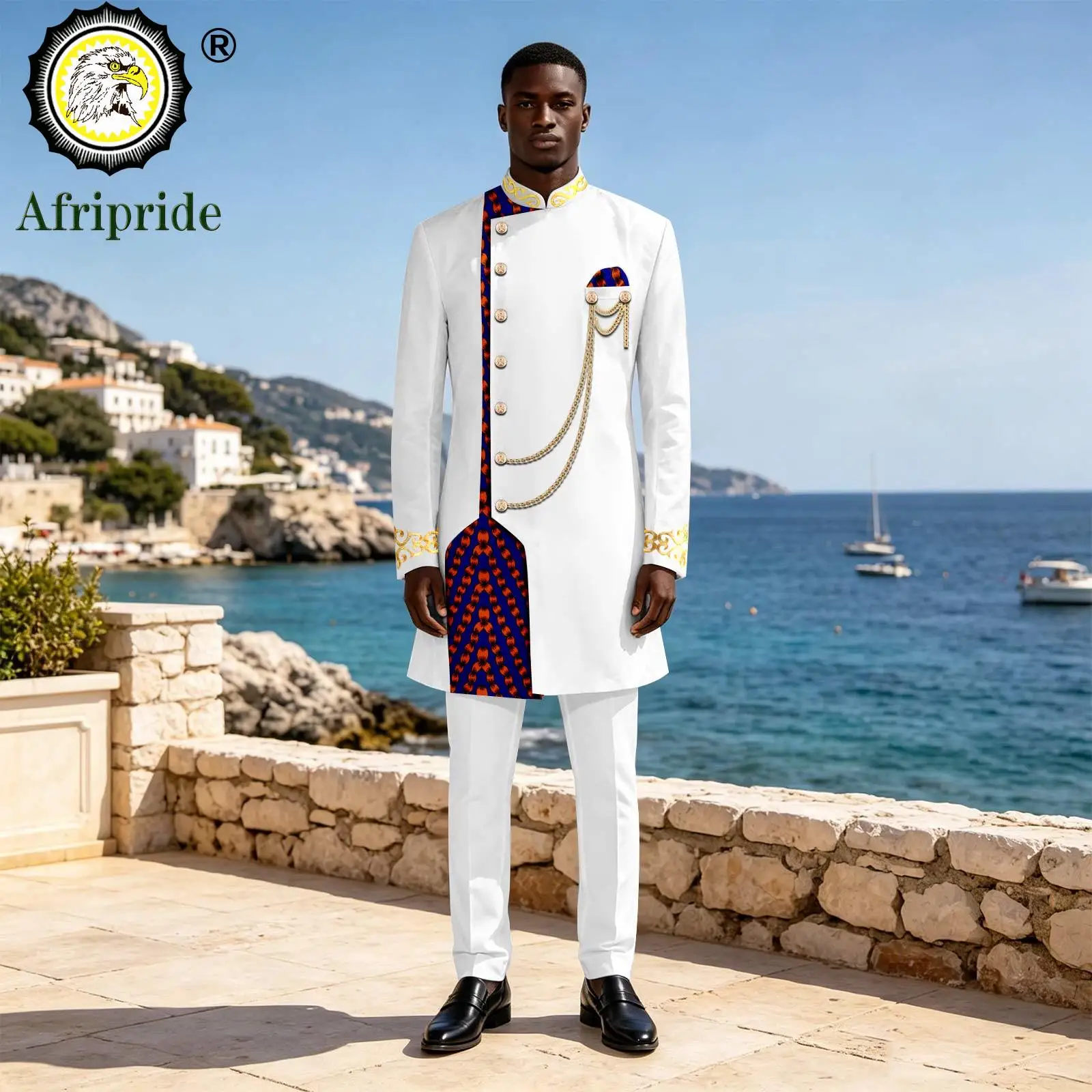 Men`s Business Suit Single Breasted Embroidery Gold Chain Print Blazer and Trousers 2 Piece Set African Clothes 2616106
