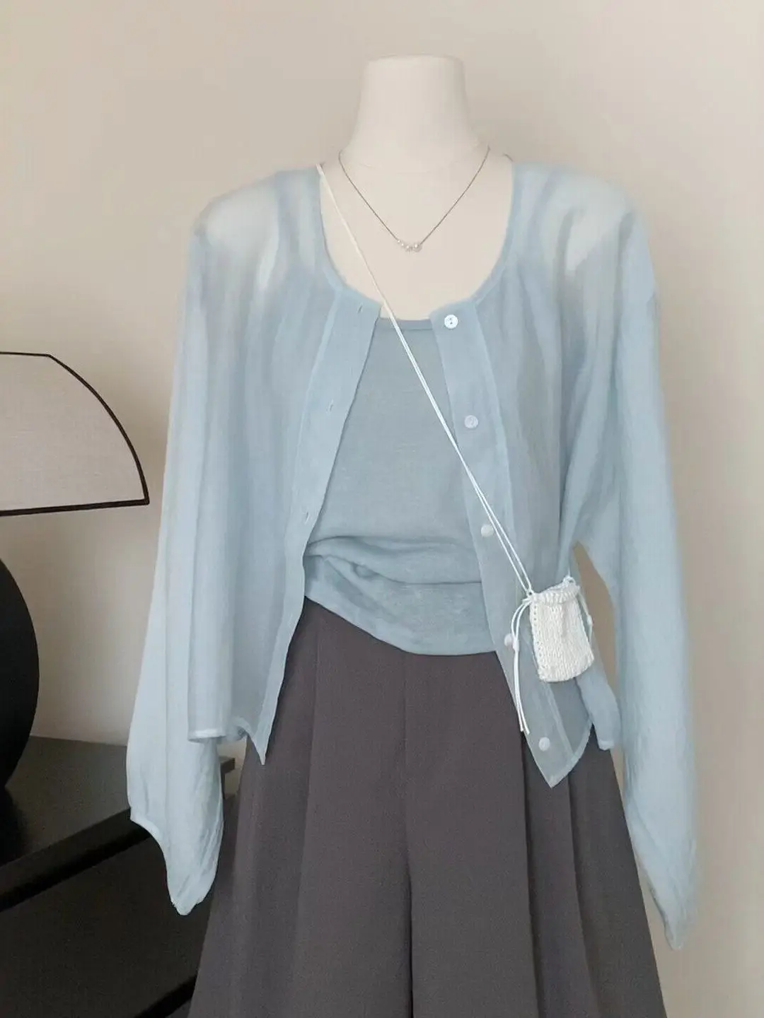 

Chic Summer Lightweight Sun Protection Women's Two-Piece Set with Open Cardigan Inner Tank Top High Waist Shorts Fashionable