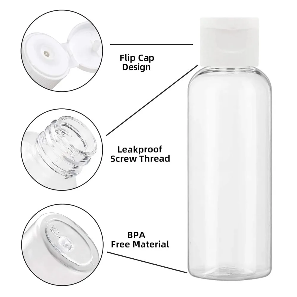 50pcs 5-100ml Plastic Empty Bottles with Flip Cap Refillable Travel Leak Proof Containers for Shampoo Liquid Body Soap Lotion