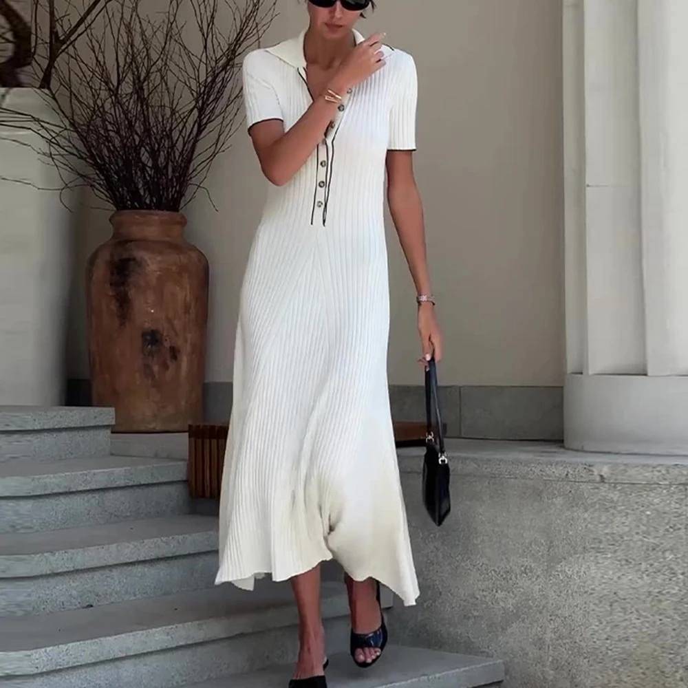 TWOTWINSTYLE Spliced Button Knitted Dresses For Women Lapel Short Sleeve High Waist Hit Color Temperament Maxi Dress Female New