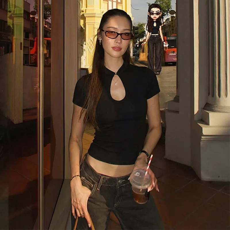 Y2K Fashion Stand Collar Button Hollow Out T-shirt For Women's 2026 Sexy Short Sleeve Slim Cropped T Shirts Black Wine Red Tops