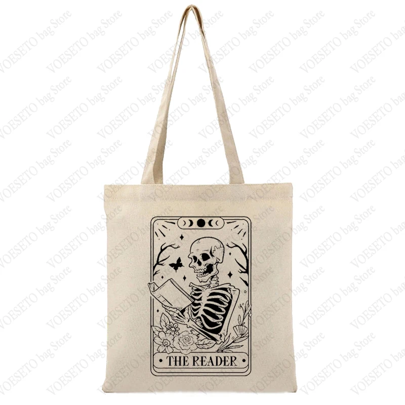 The Reader Skeleton Pattern Canvas Tote Bag Best Gift for Bookish Funny Graphics Shopping Bag for Daily Life Library Book Bags