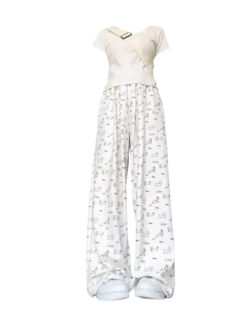 Pantaloni casual a gamba dritta con stampa carina Donna Estate 2025 Nuovi pantaloni coreani a gamba larga allentati dolci Pantaloni a vita alta lunghi fino al pavimento