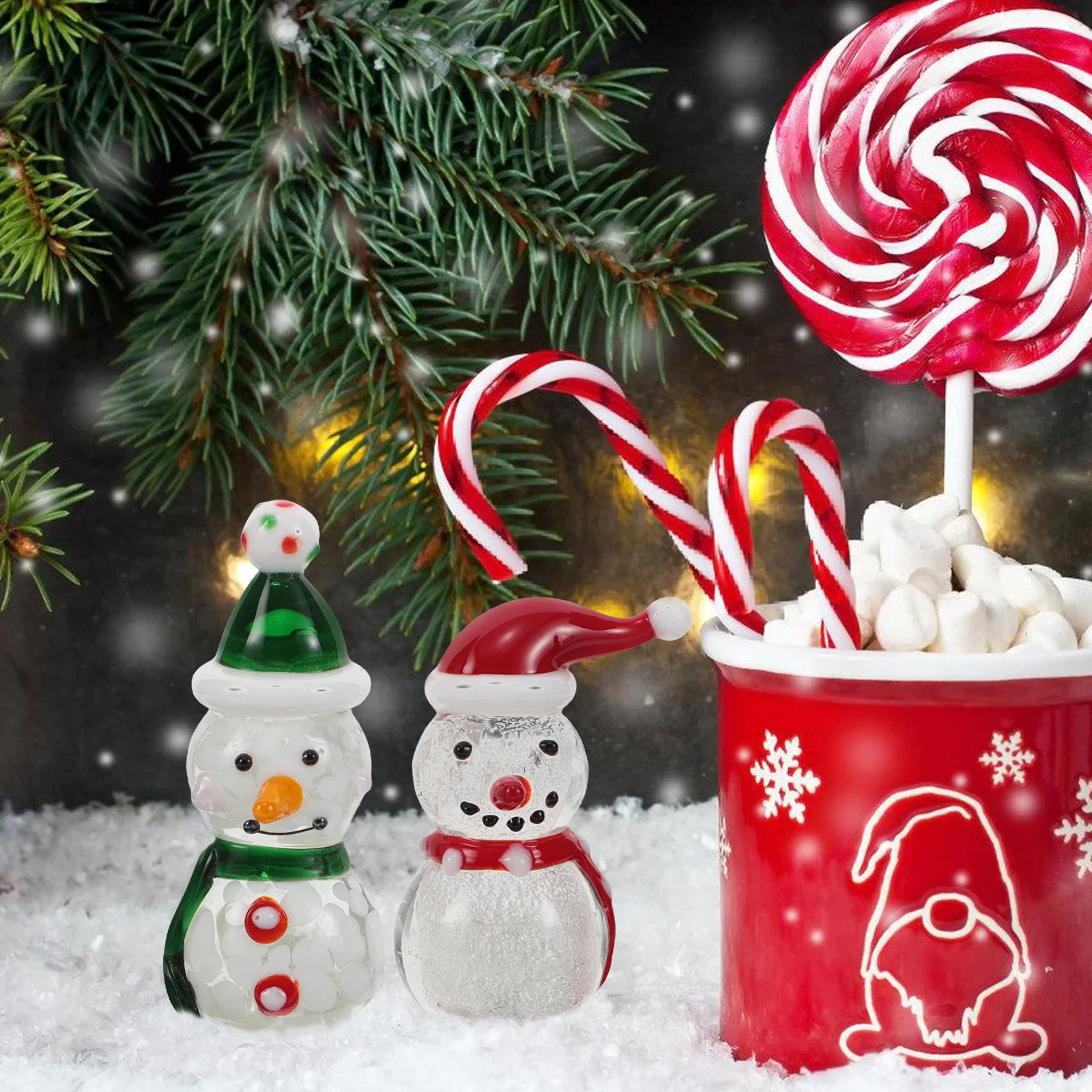 

2Pcs Christmas Snowman Decor Hand Blown Glass Snowman Ornament Holiday Desktop Statue Festival Party Supplies