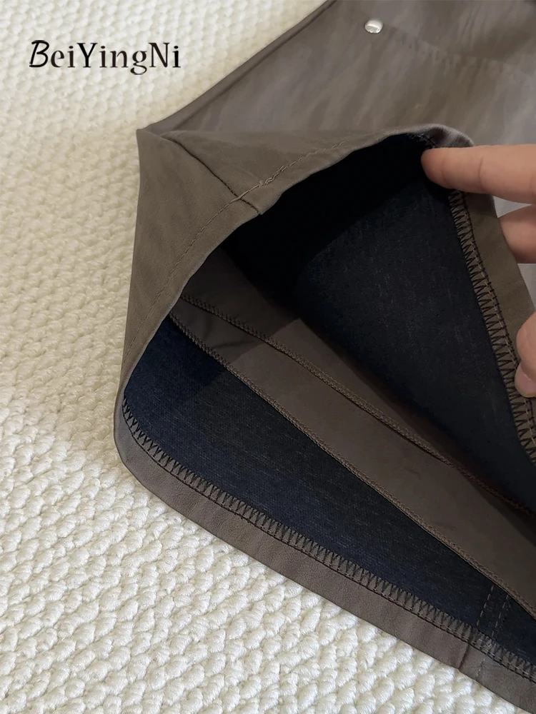 Beiyingni Vintage Spódnica w kształcie litery A z wysokim stanem, damska spódniczka mini ze skóry PU z paskiem, streetwear, z podszewką, wiosna-jesień 2025, Faldas