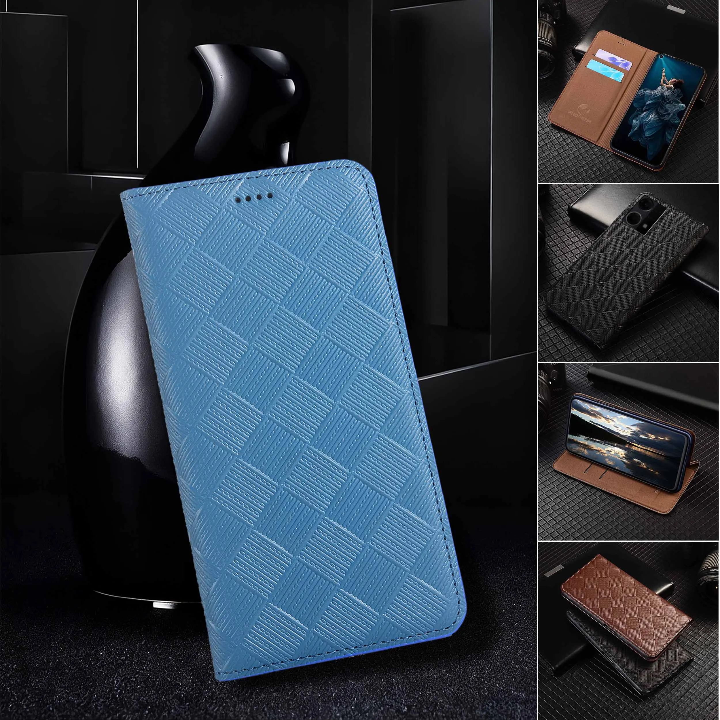 

For OPPO Reno 2 3 4 5 6 7 7Z SE Pro Plus 4G 5G Knit Pattern Of Genuine Leather Wallet Flip Phone Cover Case Cowhide And Non-Slip