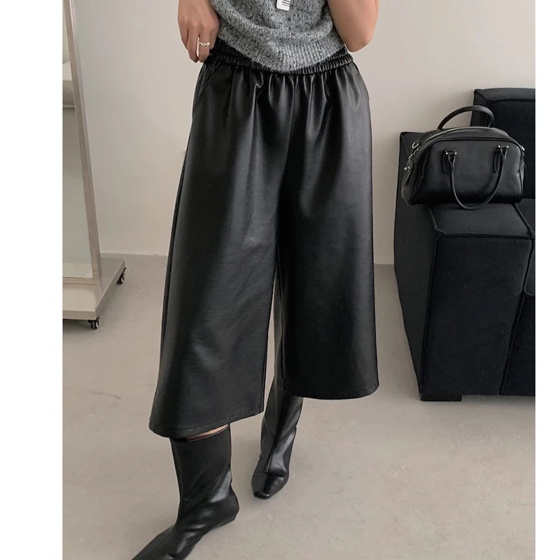 Elastic Waist Black PU Pants New Spring Autumn High Wiast Wide Leg Faux Leather Capris Pants Fashion Calf-length Straight Pants